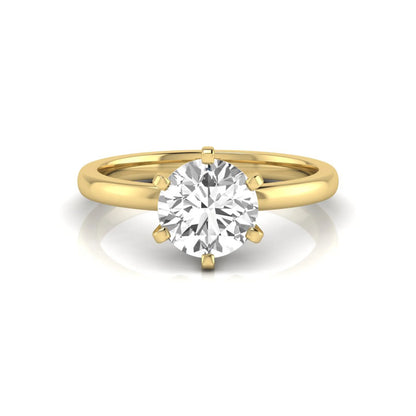 Round cut lab grown diamond solitaire engagement ring with six prong setting and yellow gold metal tone.