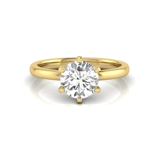 Round cut lab grown diamond solitaire engagement ring with six prong setting and yellow gold metal tone.