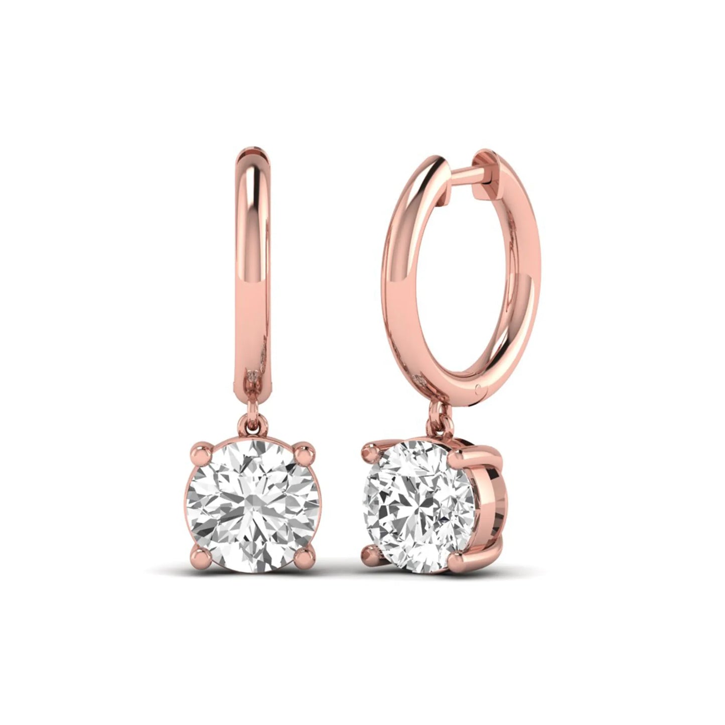 Round cut lab grown diamond solitaire huggie drop earrings featuring a four-prong basket setting, hinged snap closure, and rose gold tone design.