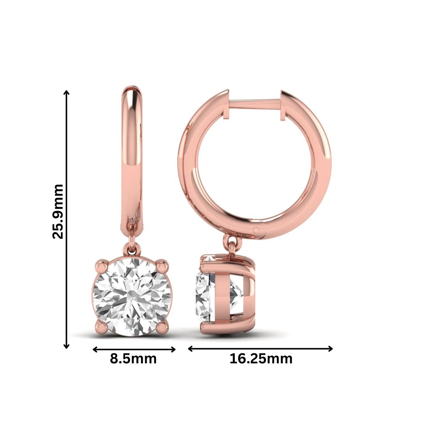 Round cut lab grown diamond solitaire huggie drop earrings featuring a four-prong basket setting, hinged snap closure, and rose gold tone design.