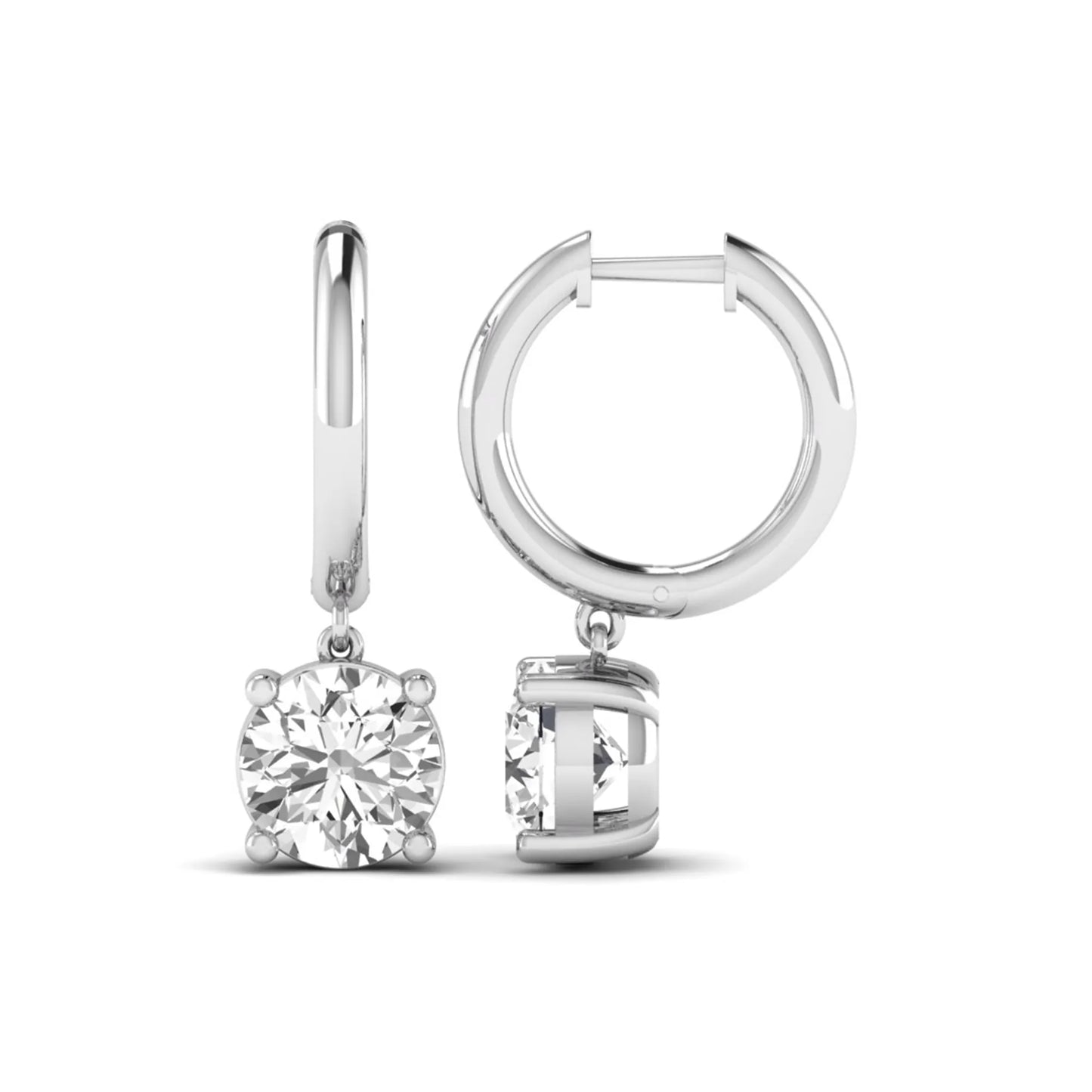 Round cut lab grown diamond solitaire huggie drop earrings featuring a four-prong basket setting, hinged snap closure, and white gold tone design.
