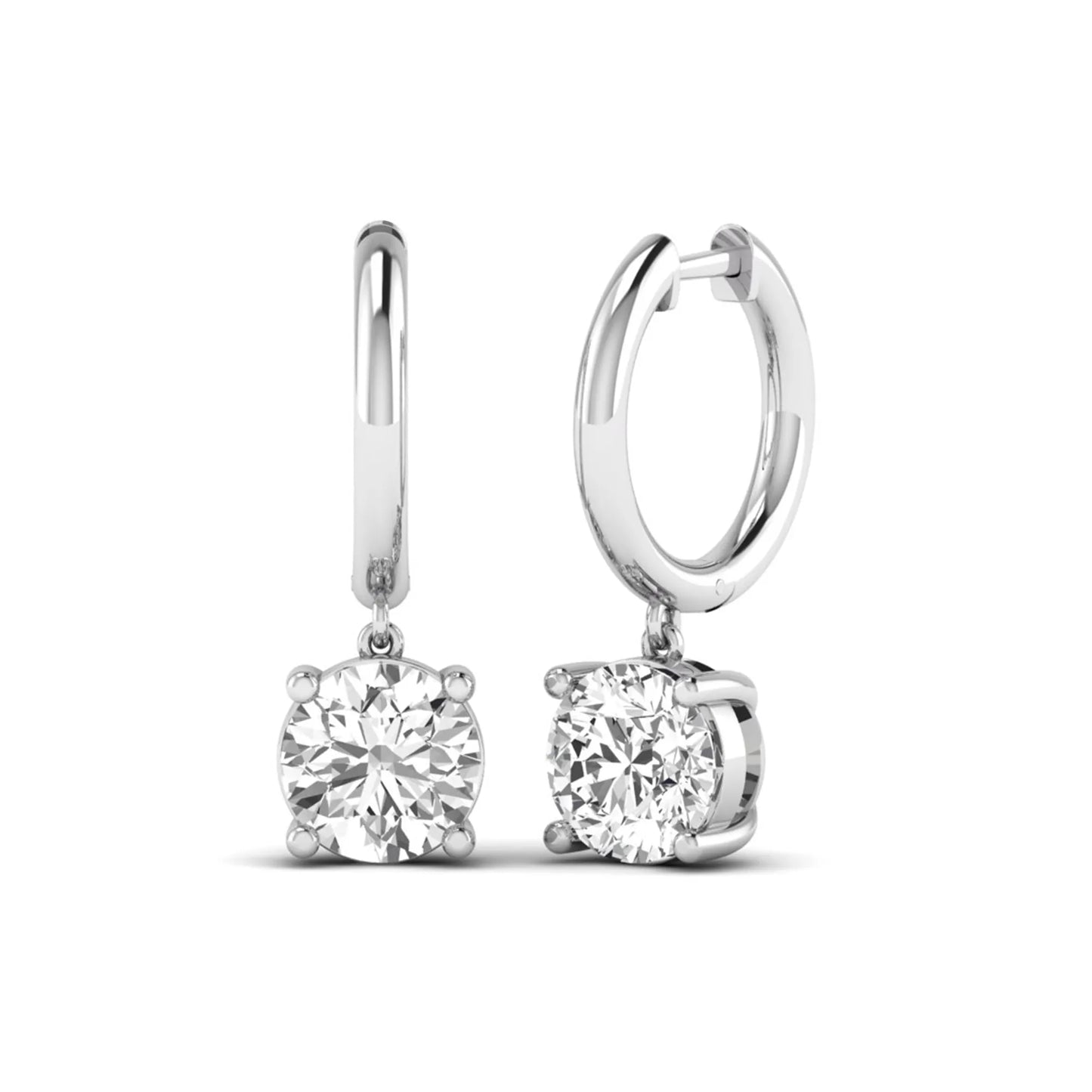 Round cut lab grown diamond solitaire huggie drop earrings featuring a four-prong basket setting, hinged snap closure, and white gold tone design.