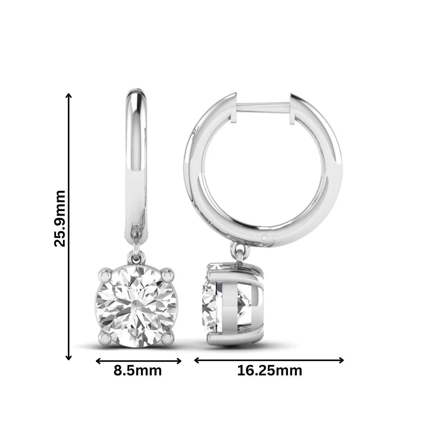 Round cut lab grown diamond solitaire huggie drop earrings featuring a four-prong basket setting, hinged snap closure, and white gold tone design.