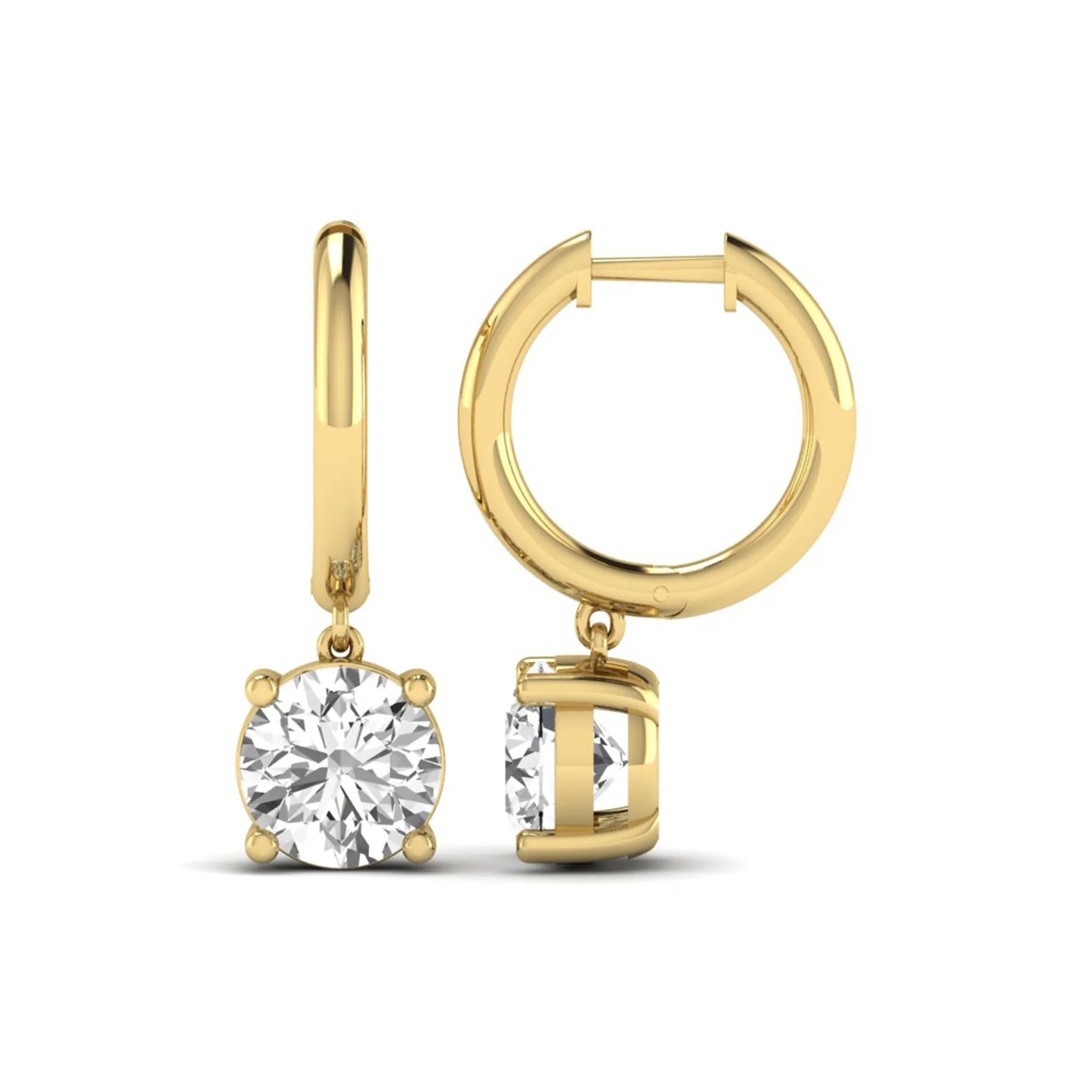 Round cut lab grown diamond solitaire huggie drop earrings featuring a four-prong basket setting, hinged snap closure, and yellow gold tone design.
