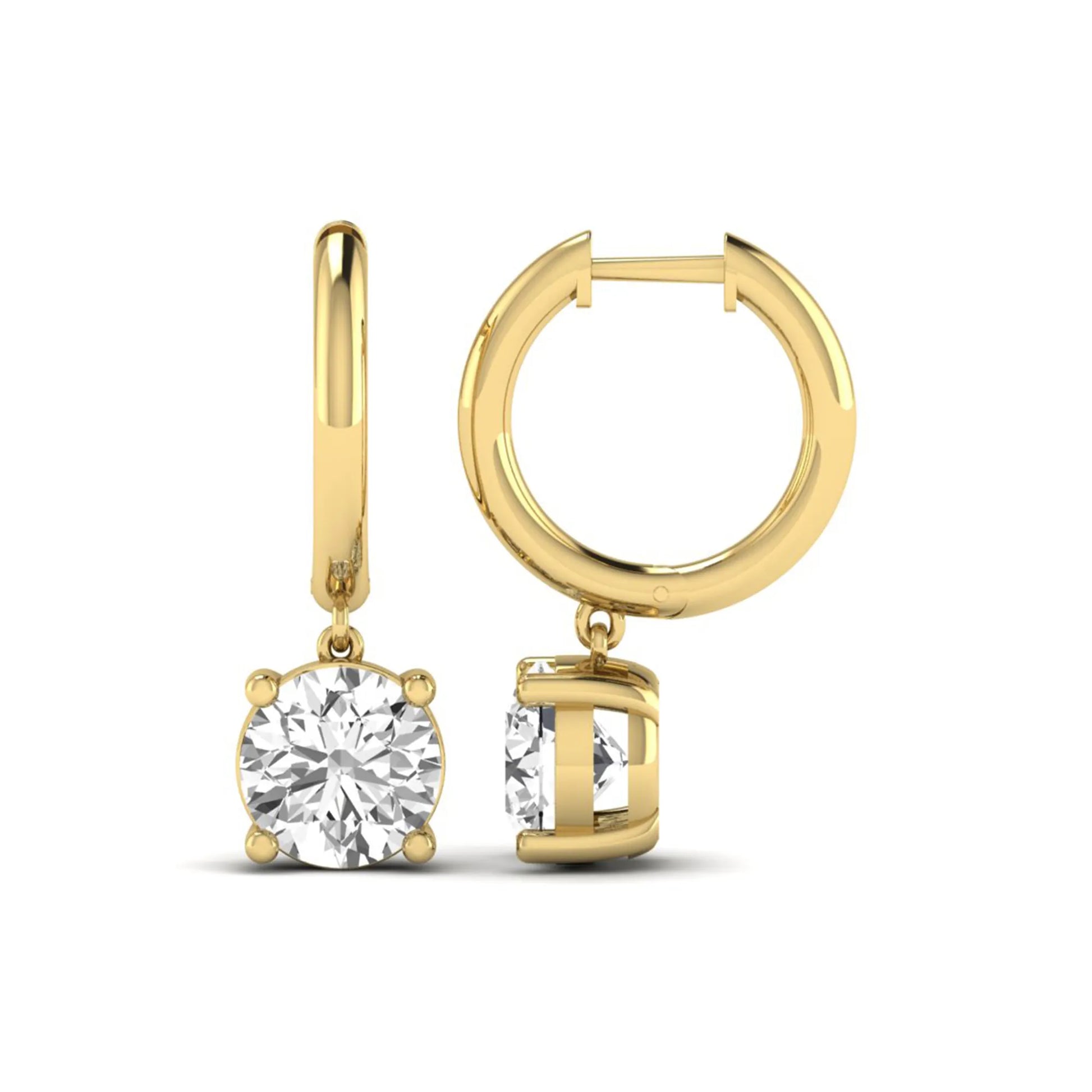 Round cut lab grown diamond solitaire huggie drop earrings featuring a four-prong basket setting, hinged snap closure, and yellow gold tone design.