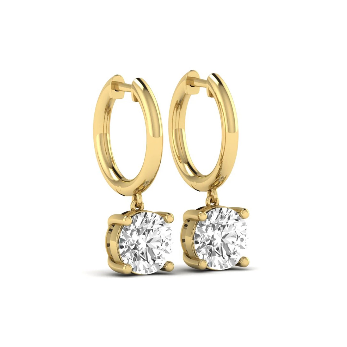 Round cut lab grown diamond solitaire huggie drop earrings featuring a four-prong basket setting, hinged snap closure, and yellow gold tone design.