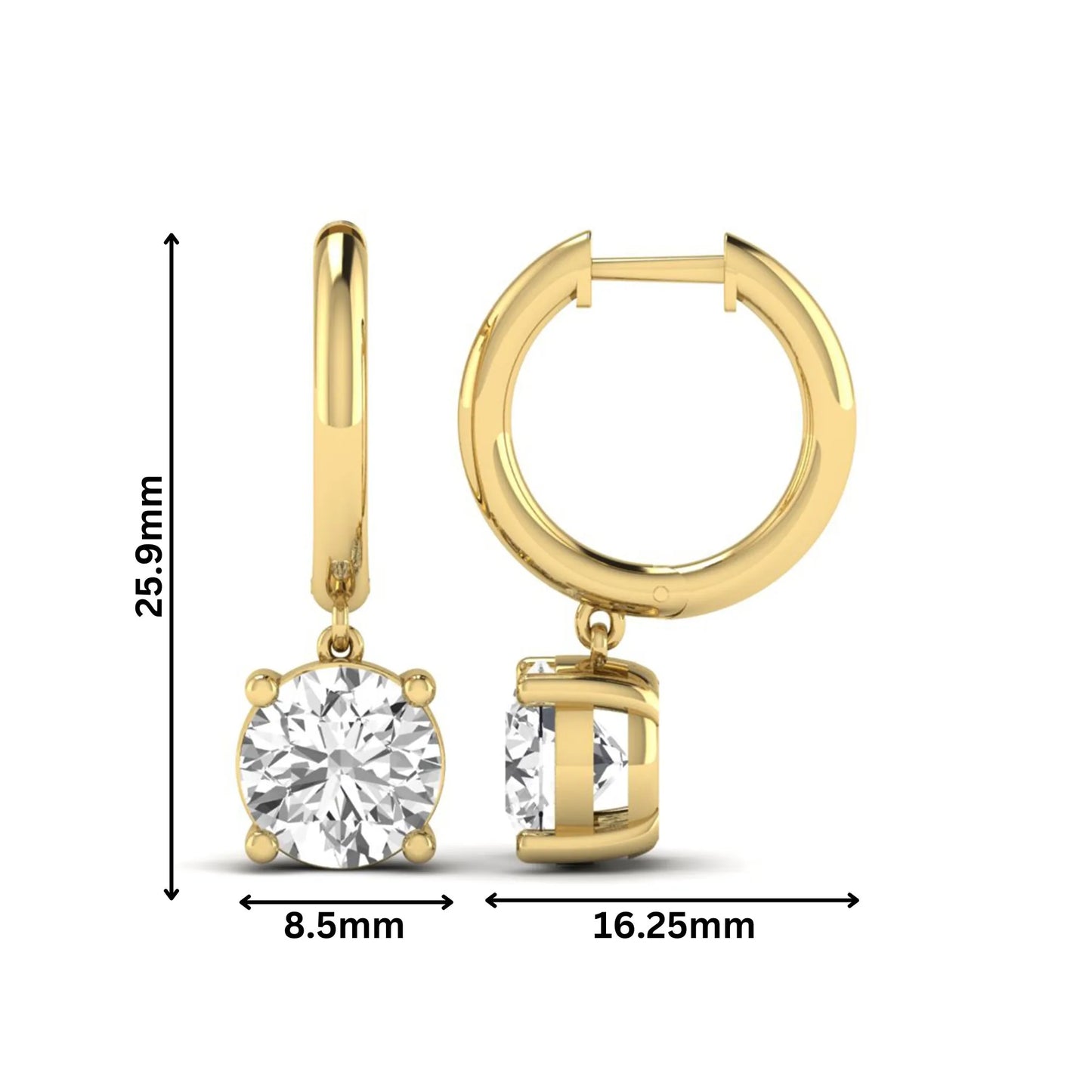 Round cut lab grown diamond solitaire huggie drop earrings featuring a four-prong basket setting, hinged snap closure, and yellow gold tone design.