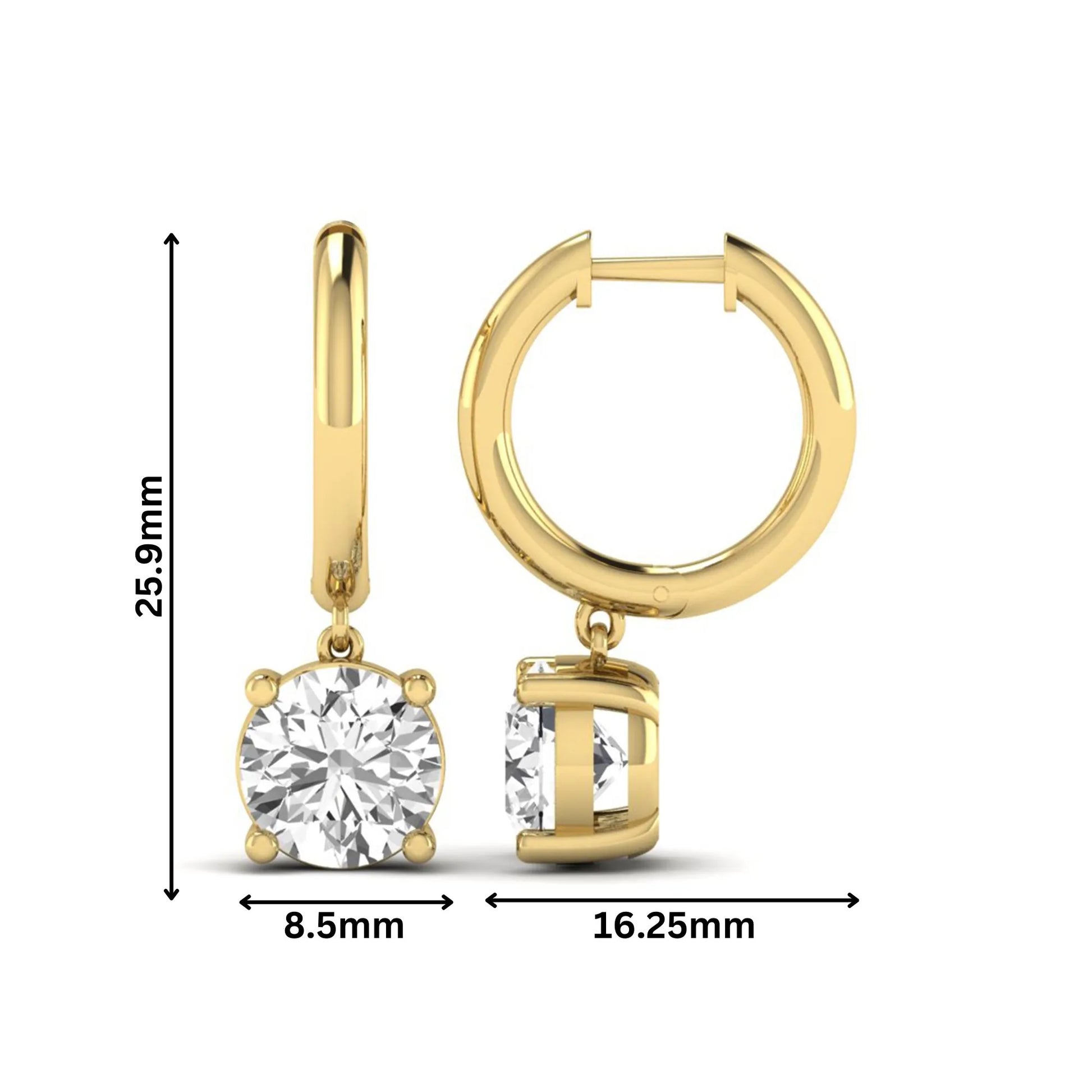 Round cut lab grown diamond solitaire huggie drop earrings featuring a four-prong basket setting, hinged snap closure, and yellow gold tone design.