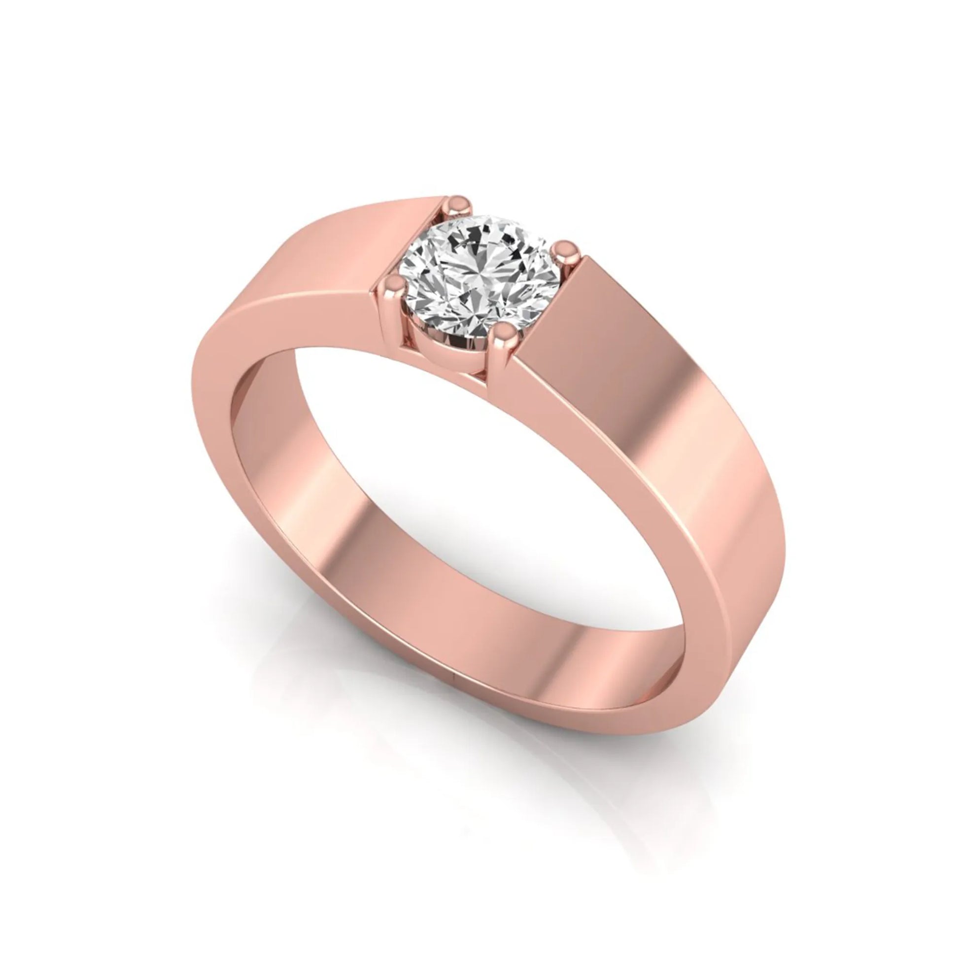 Round cut lab grown diamond solitaire ring featuring a modern flat polished band with a four-prong setting in rose gold tone.
