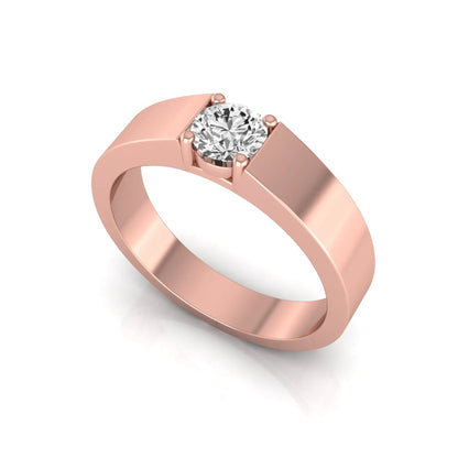 Round cut lab grown diamond solitaire ring featuring a modern flat polished band with a four-prong setting in rose gold tone.