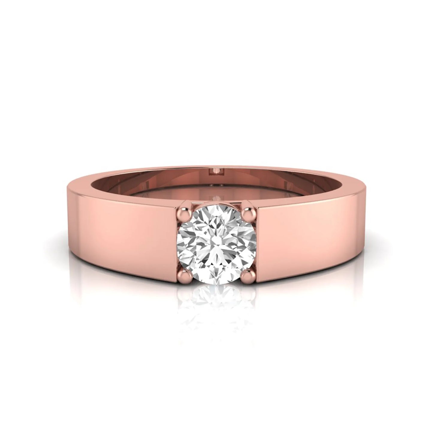 Round cut lab grown diamond solitaire ring featuring a modern flat polished band with a four-prong setting in rose gold tone.