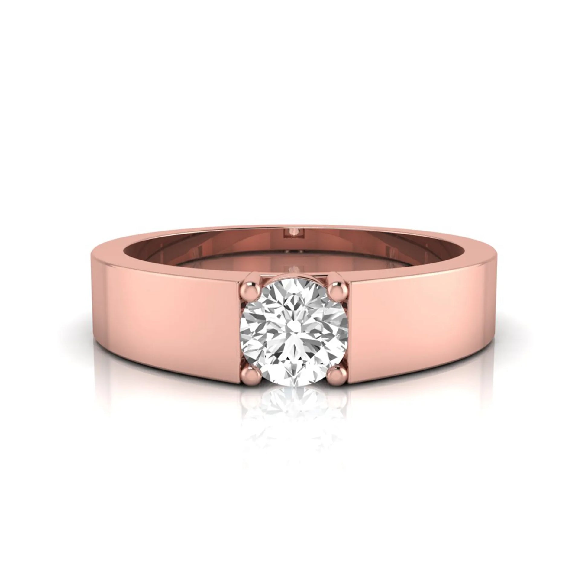 Round cut lab grown diamond solitaire ring featuring a modern flat polished band with a four-prong setting in rose gold tone.