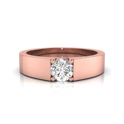 Round cut lab grown diamond solitaire ring featuring a modern flat polished band with a four-prong setting in rose gold tone.