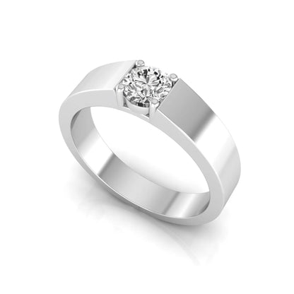 Round cut lab grown diamond solitaire ring featuring a modern flat polished band with a four-prong setting in white gold tone.