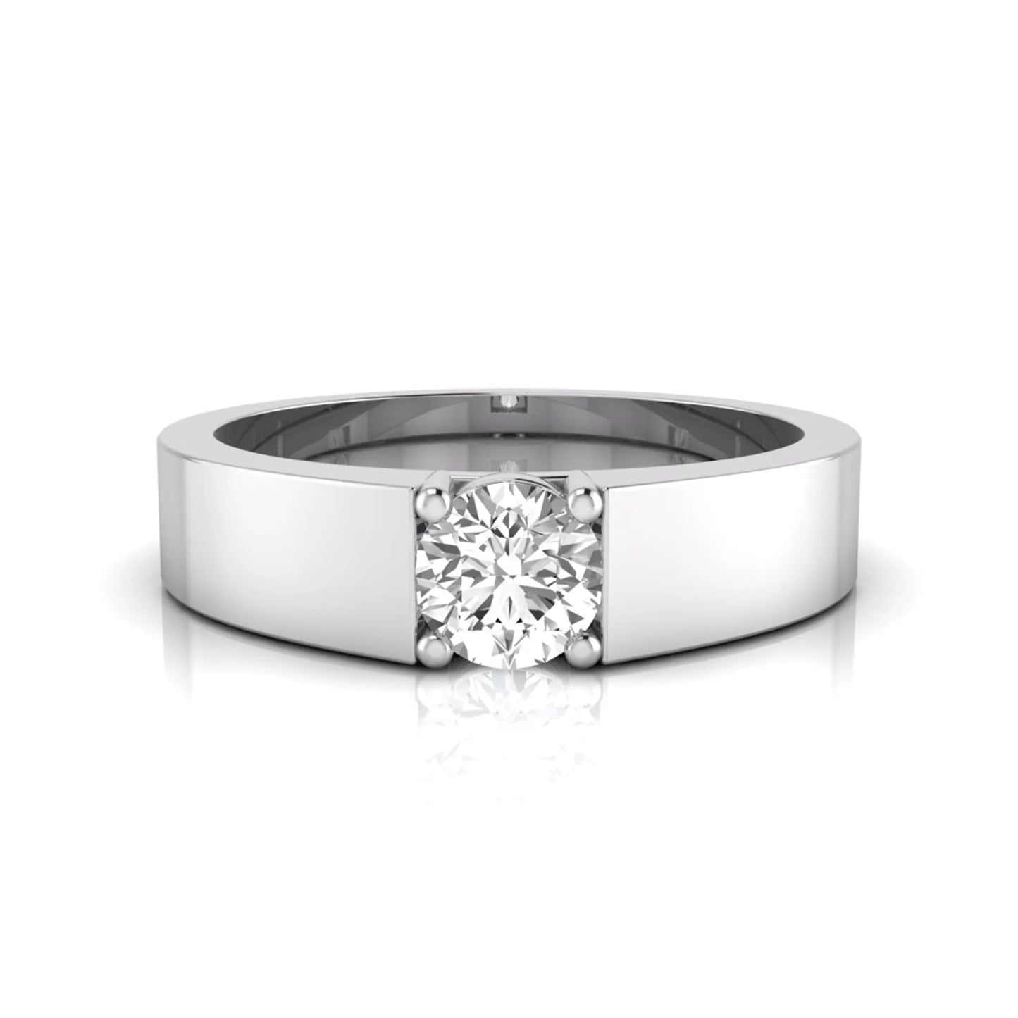 Round cut lab grown diamond solitaire ring featuring a modern flat polished band with a four-prong setting in white gold tone.