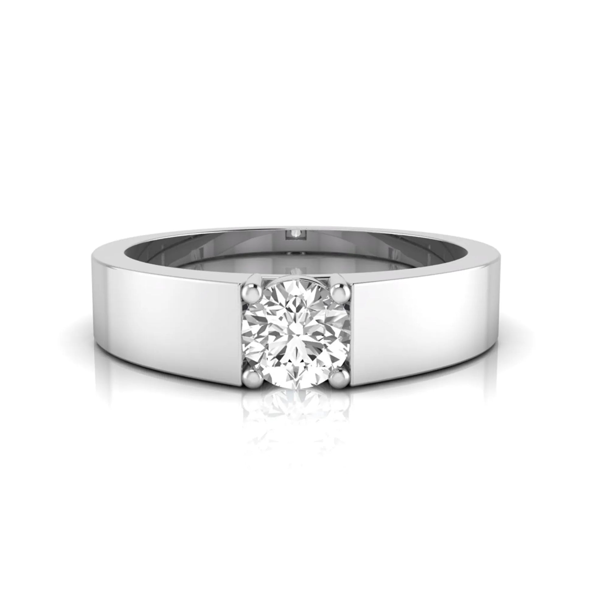 Round cut lab grown diamond solitaire ring featuring a modern flat polished band with a four-prong setting in white gold tone.