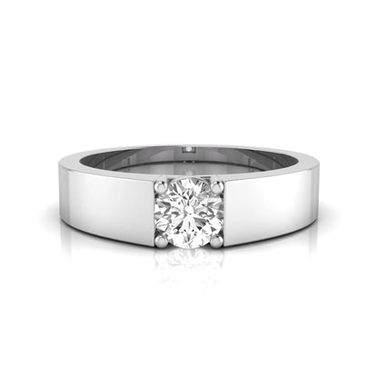 Round cut lab grown diamond solitaire ring featuring a modern flat polished band with a four-prong setting in white gold tone.