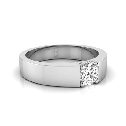 Round cut lab grown diamond solitaire ring featuring a modern flat polished band with a four-prong setting in white gold tone.