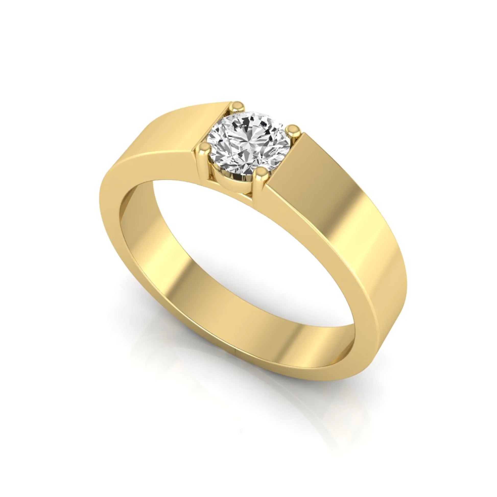 Round cut lab grown diamond solitaire ring featuring a modern flat polished band with a four-prong setting in yellow gold tone.