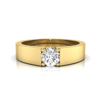 Round cut lab grown diamond solitaire ring featuring a modern flat polished band with a four-prong setting in yellow gold tone.