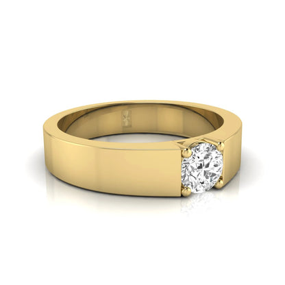 Round cut lab grown diamond solitaire ring featuring a modern flat polished band with a four-prong setting in yellow gold tone.