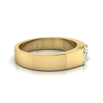 Round cut lab grown diamond solitaire ring featuring a modern flat polished band with a four-prong setting in yellow gold tone.