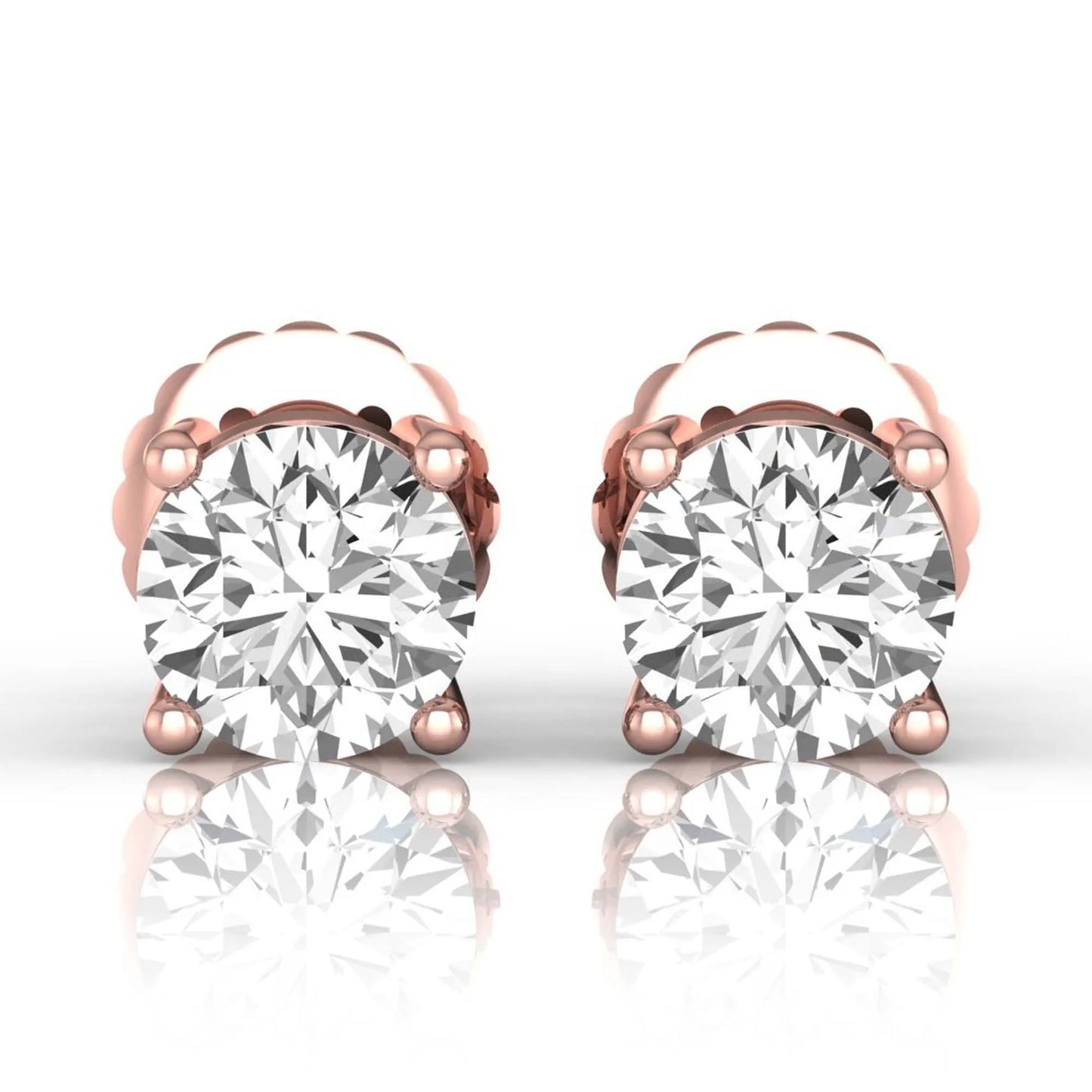 rose gold Round cut lab grown diamond solitaire stud earrings with four-prong basket setting and screw back closure