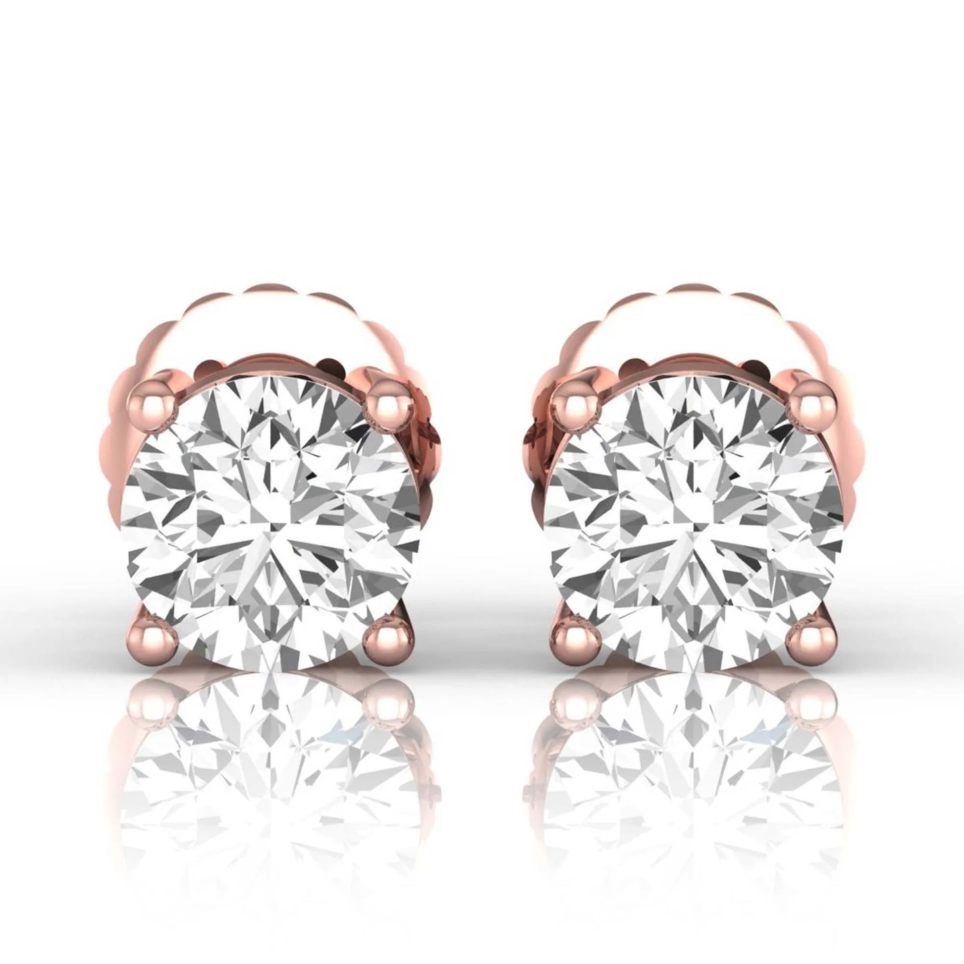 rose gold Round cut lab grown diamond solitaire stud earrings with four-prong basket setting and screw back closure