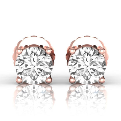 rose gold Round cut lab grown diamond solitaire stud earrings with four-prong basket setting and screw back closure