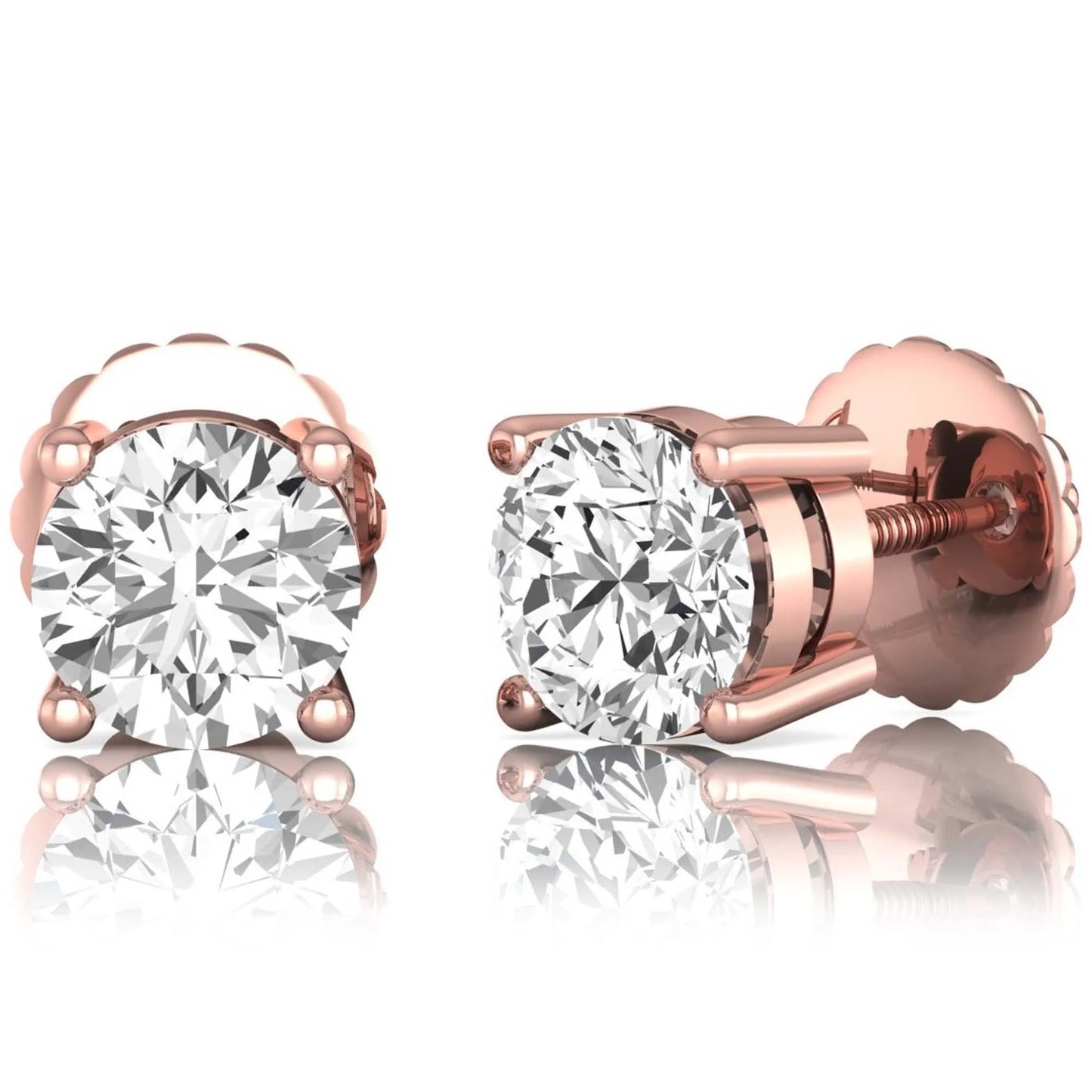 rose gold Round cut lab grown diamond solitaire stud earrings with four-prong basket setting and screw back closure