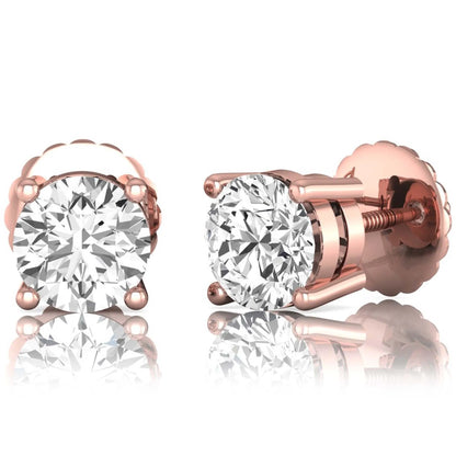rose gold Round cut lab grown diamond solitaire stud earrings with four-prong basket setting and screw back closure