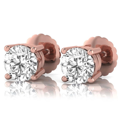 rose gold Round cut lab grown diamond solitaire stud earrings with four-prong basket setting and screw back closure