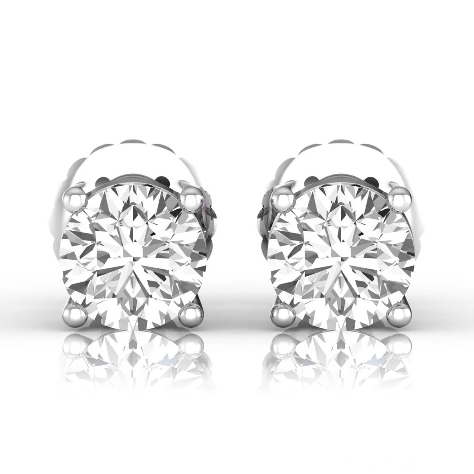 white gold Round cut lab grown diamond solitaire stud earrings with four-prong basket setting and screw back closure