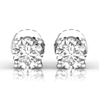 white gold Round cut lab grown diamond solitaire stud earrings with four-prong basket setting and screw back closure