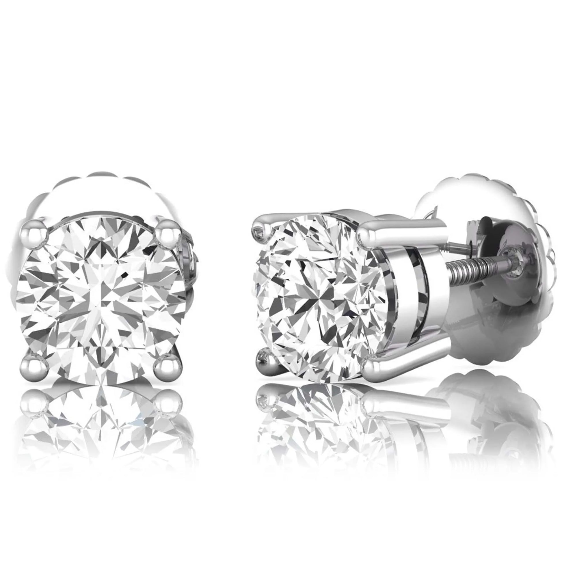 white gold Round cut lab grown diamond solitaire stud earrings with four-prong basket setting and screw back closure