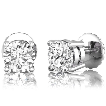 white gold Round cut lab grown diamond solitaire stud earrings with four-prong basket setting and screw back closure