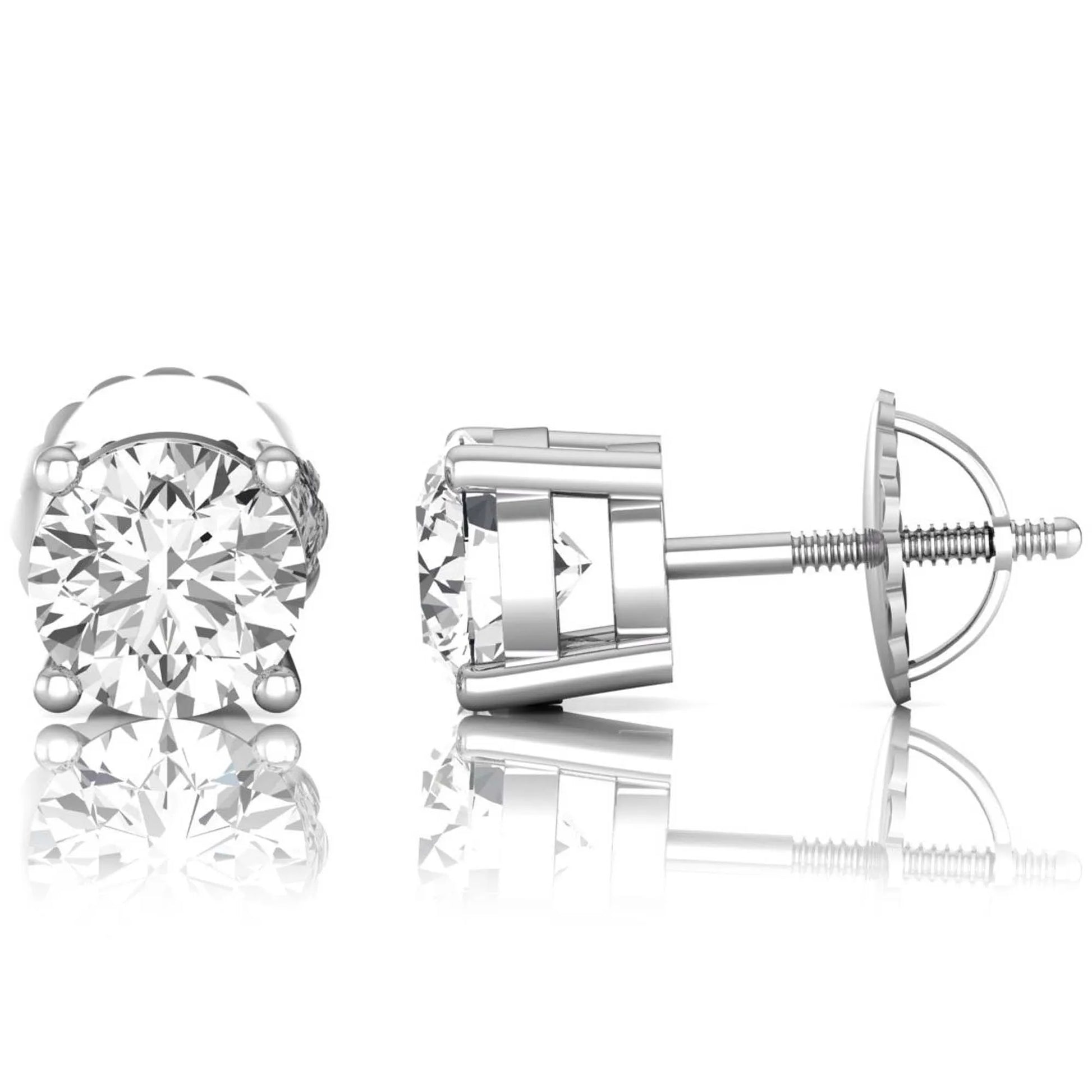 white gold Round cut lab grown diamond solitaire stud earrings with four-prong basket setting and screw back closure
