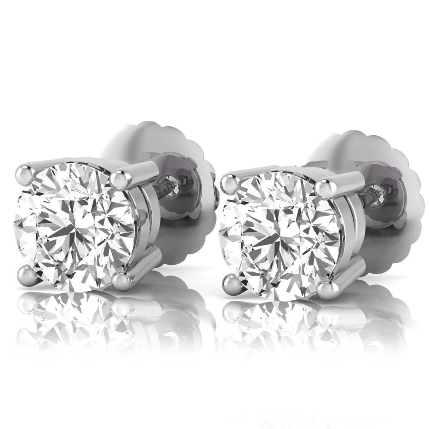 white gold Round cut lab grown diamond solitaire stud earrings with four-prong basket setting and screw back closure