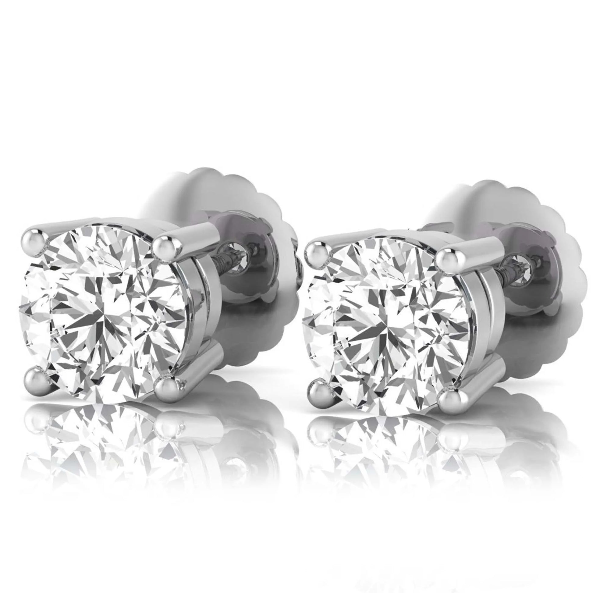 white gold Round cut lab grown diamond solitaire stud earrings with four-prong basket setting and screw back closure