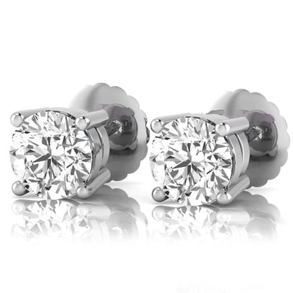 white gold Round cut lab grown diamond solitaire stud earrings with four-prong basket setting and screw back closure