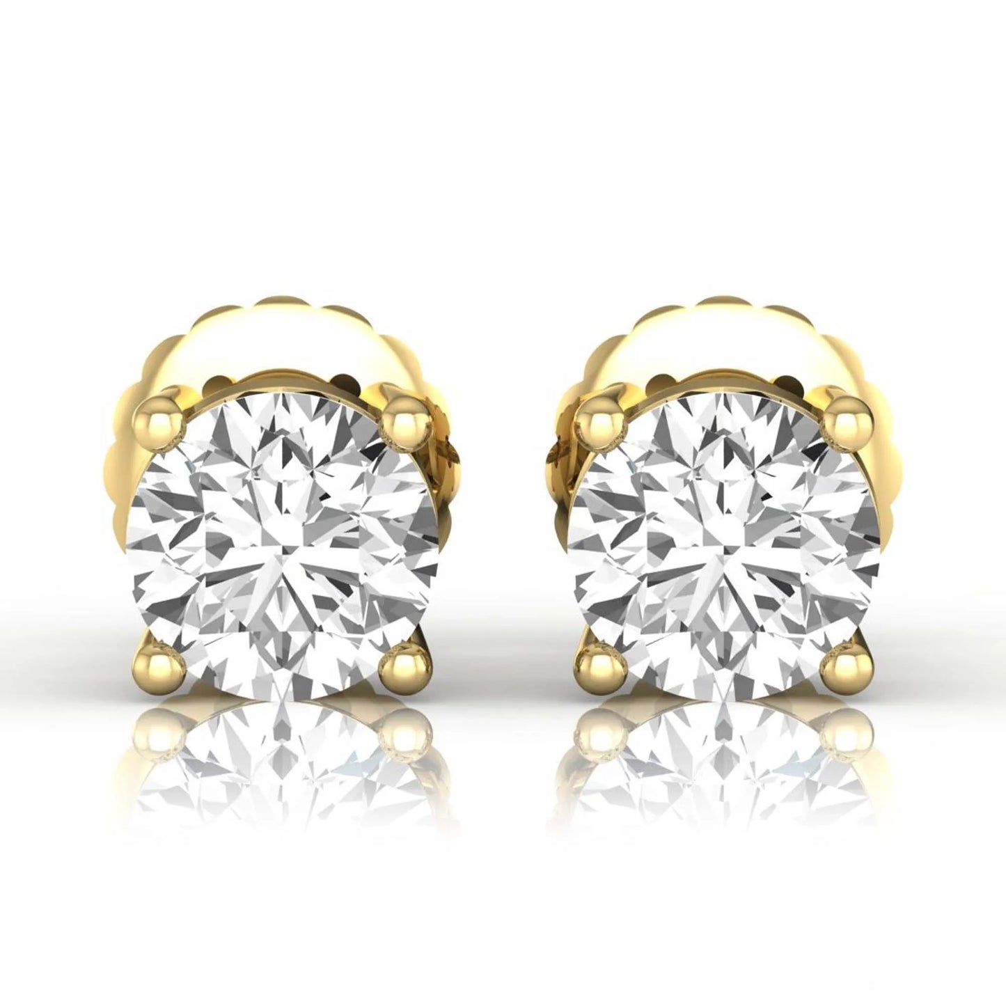 yellow gold Round cut lab grown diamond solitaire stud earrings with four-prong basket setting and screw back closure