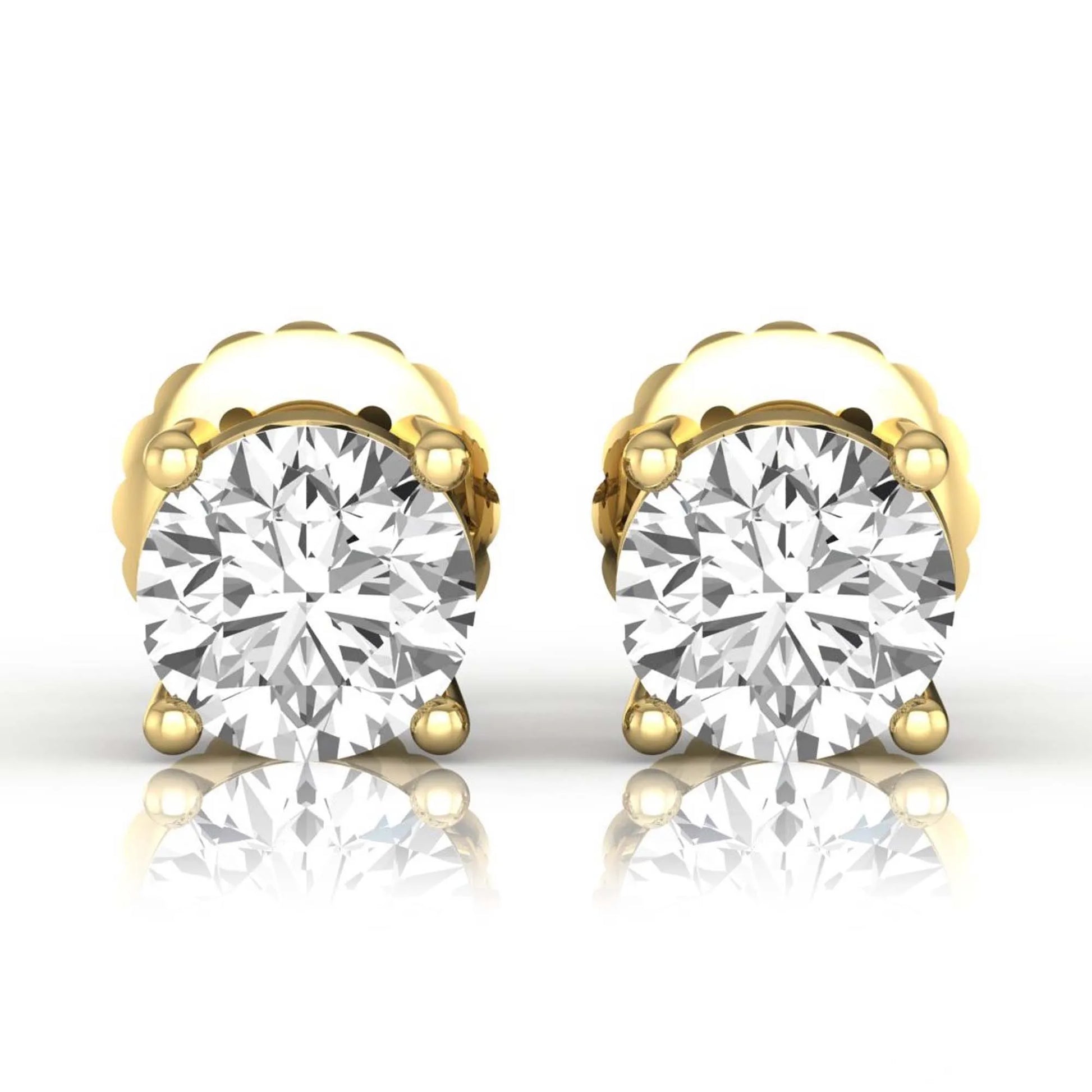 yellow gold Round cut lab grown diamond solitaire stud earrings with four-prong basket setting and screw back closure