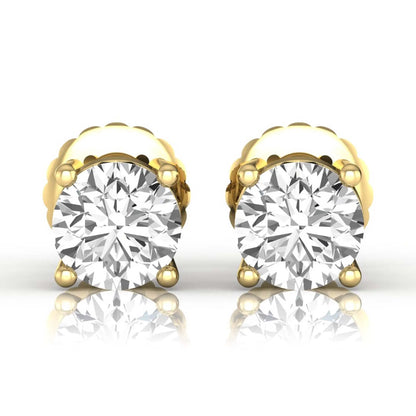 yellow gold Round cut lab grown diamond solitaire stud earrings with four-prong basket setting and screw back closure