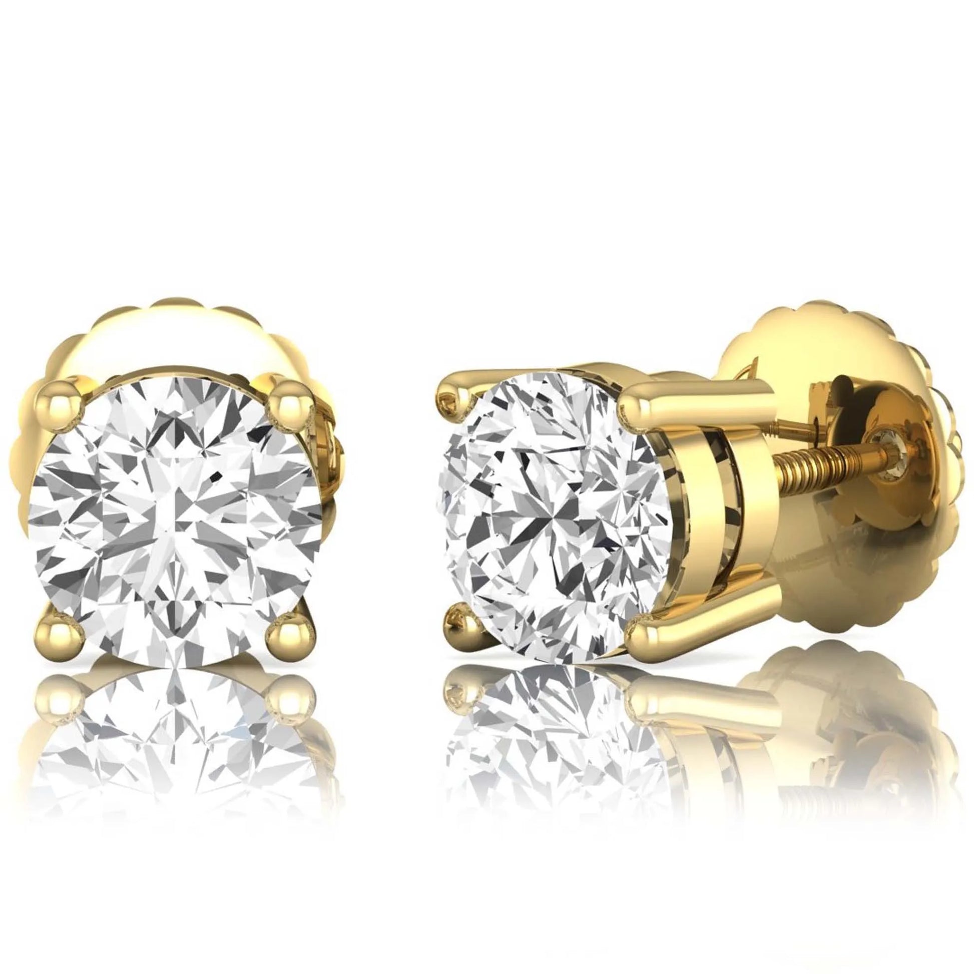 yellow gold Round cut lab grown diamond solitaire stud earrings with four-prong basket setting and screw back closure