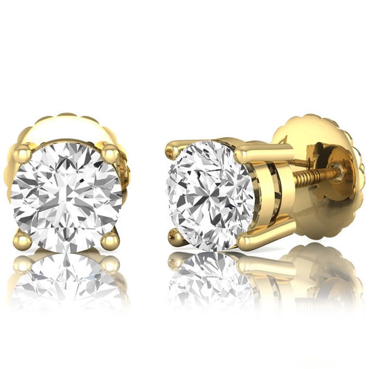 yellow gold Round cut lab grown diamond solitaire stud earrings with four-prong basket setting and screw back closure