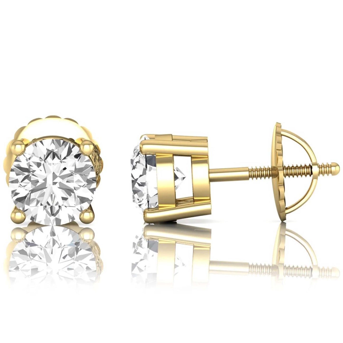 yellow gold Round cut lab grown diamond solitaire stud earrings with four-prong basket setting and screw back closure