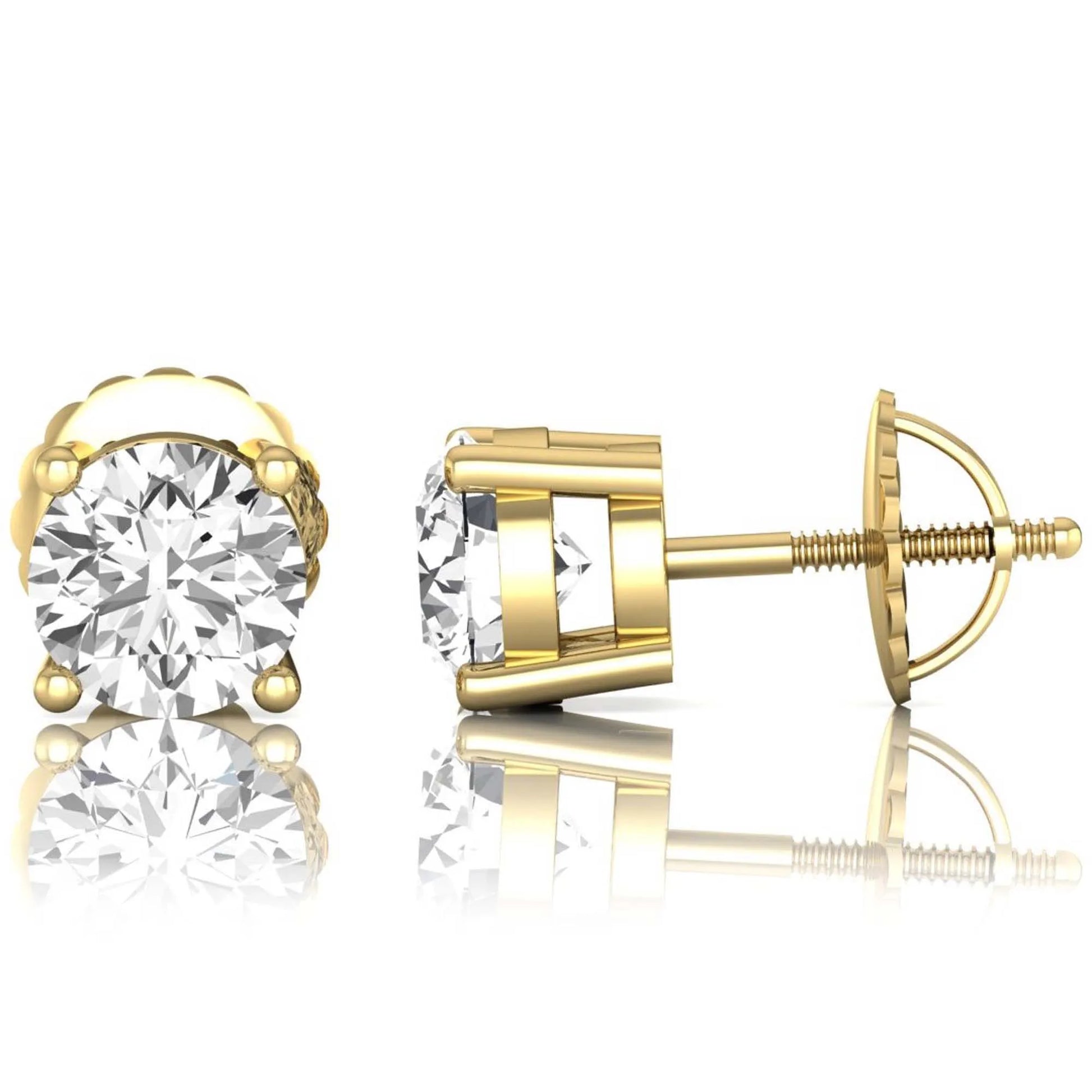 yellow gold Round cut lab grown diamond solitaire stud earrings with four-prong basket setting and screw back closure