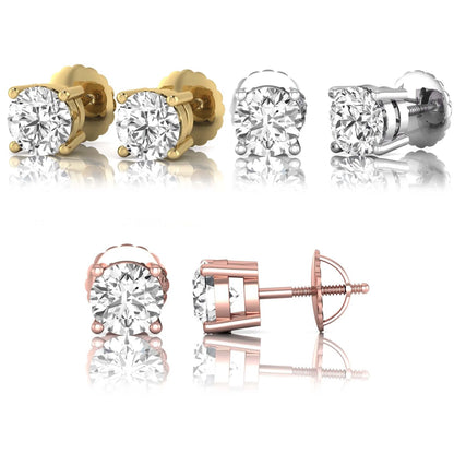 Set of diamond stud earrings in gold, white, and rose on a white background