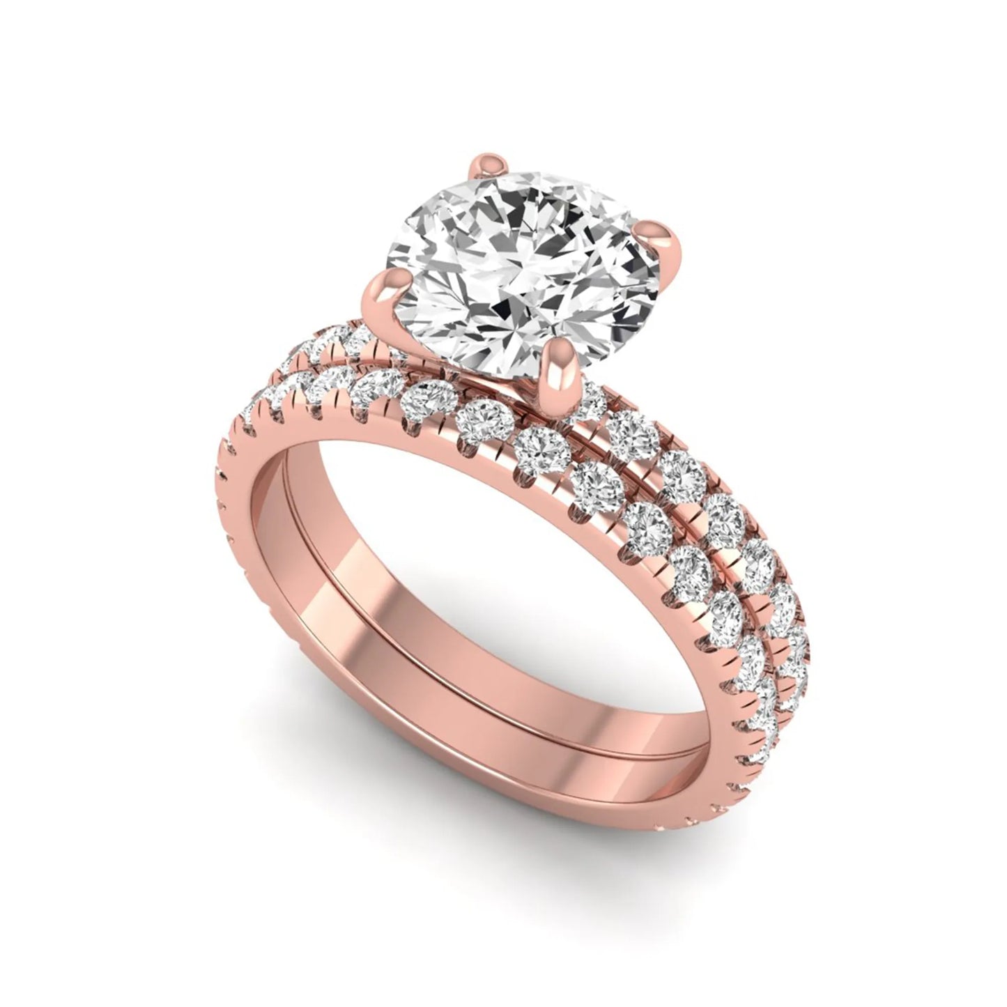 Round cut lab grown diamond solitaire bridal ring set featuring pavé diamond bands in a rose gold tone design.