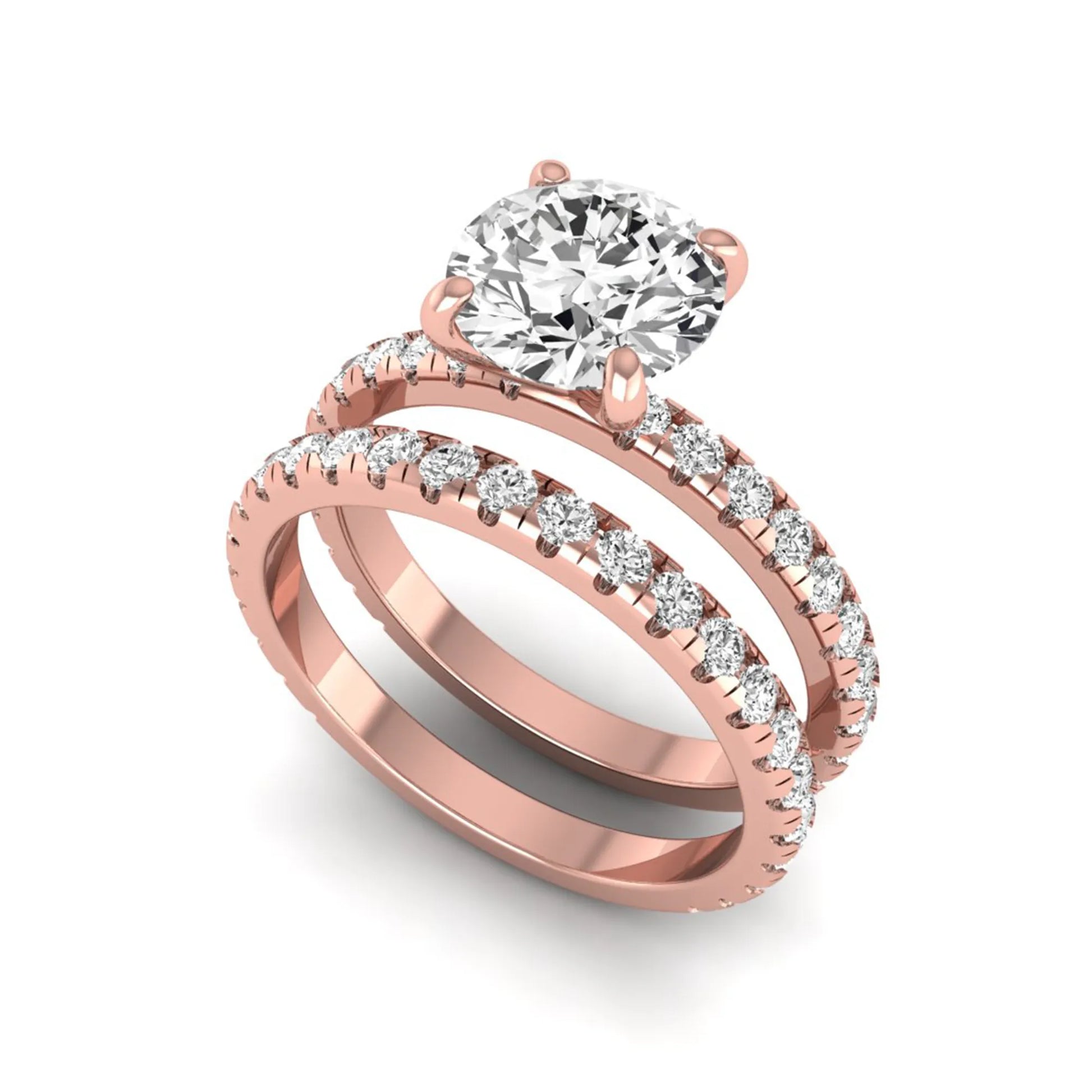 Round cut lab grown diamond solitaire bridal ring set featuring pavé diamond bands in a rose gold tone design.
